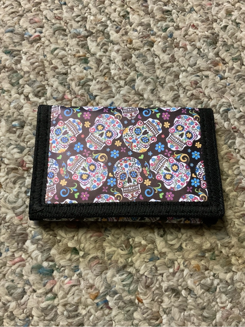 Floral Sugar Skull Trifold Wallet - Black